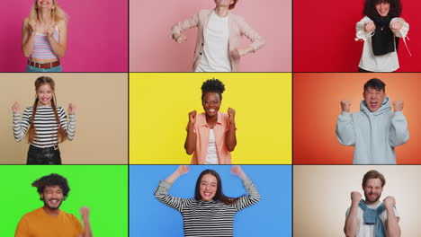 colage de personas sonrientes felices hombres mujeres celebrando el éxito juego victoria ganar buenas noticias positivas