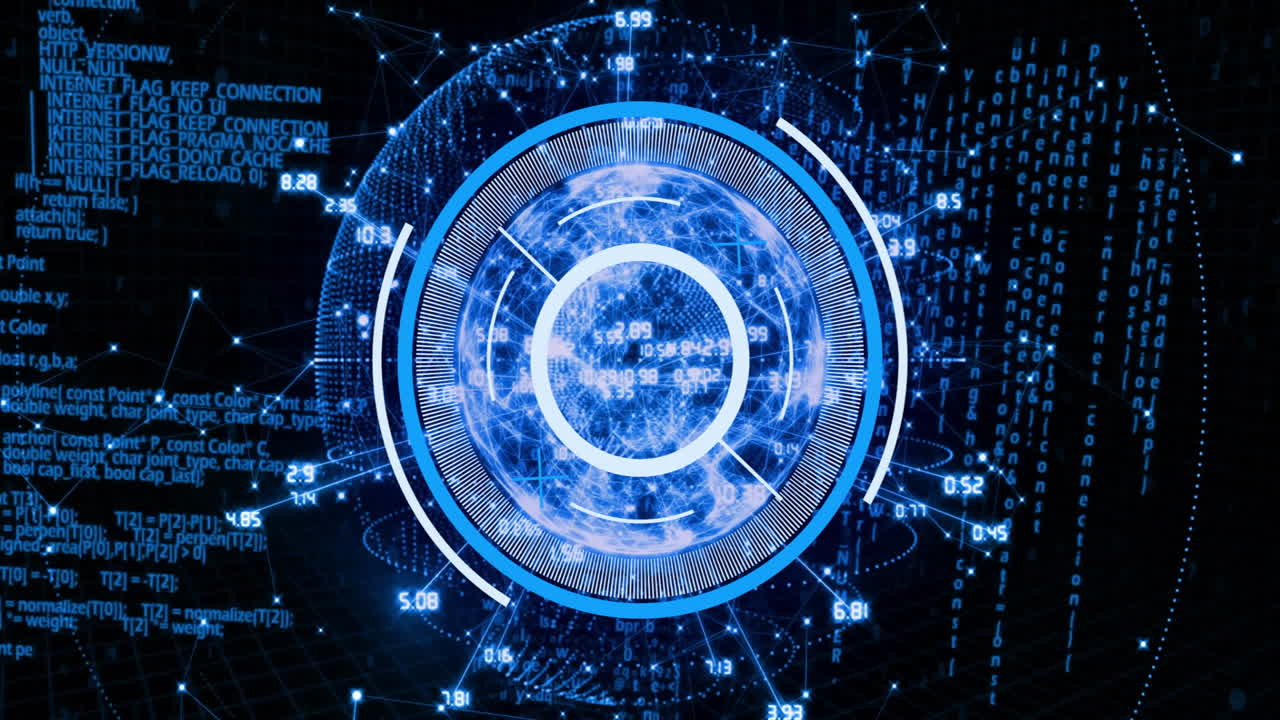 Futuristic digital interface with circular patterns and binary code animation