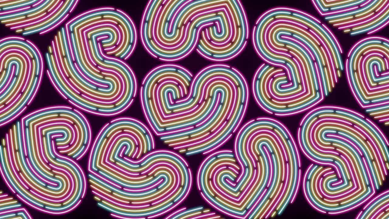 iluminación de línea de guión de corazón de neón patrón móvil colorido, red de tecnología transferencia de datos digitales, diseño conceptual del día de san valentín, brillante en fondo negro animación de bucle sin costuras 4k con espacio