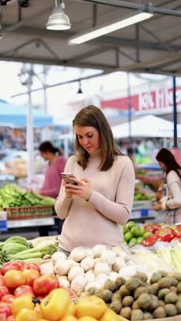 a woman is looking at her phone while shopping variety of fruits and vegetables in market.