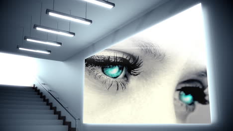 animation of a staircase with a big screen showing blue eyes of a caucasian woman