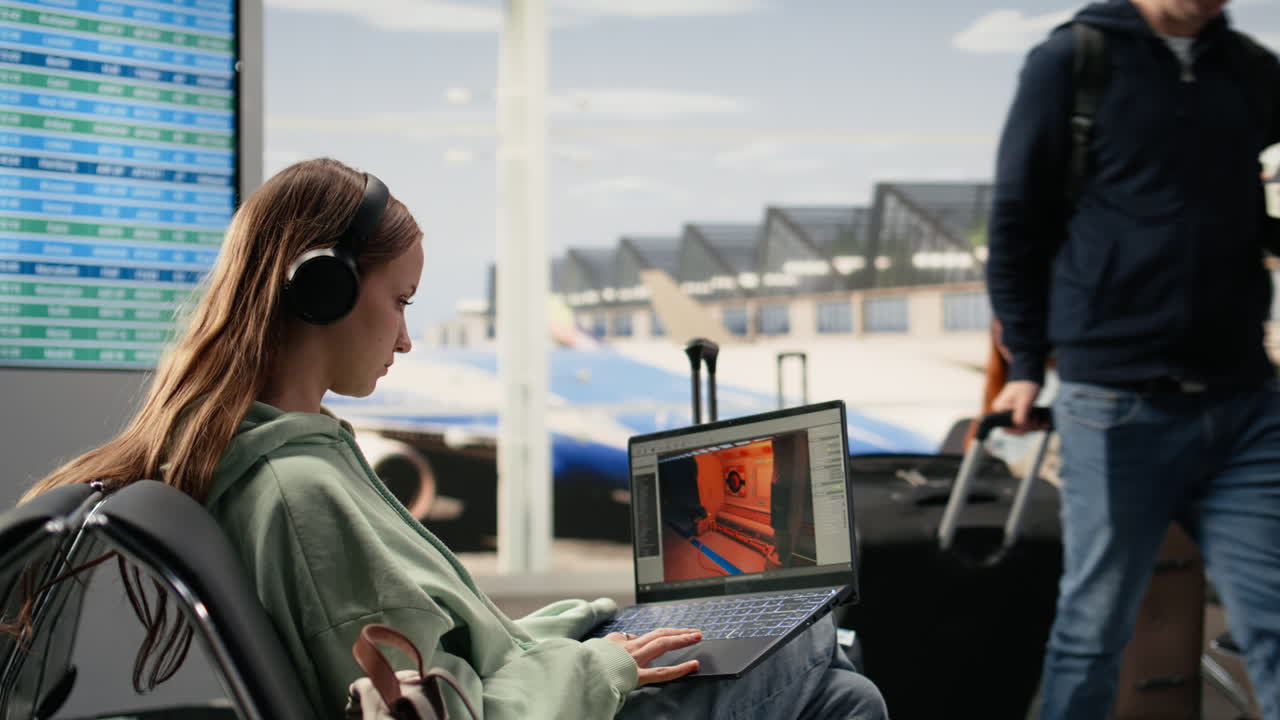 Ingeniero de software creando recursos de juego para un videojuego en la sala de espera del aeropuerto.