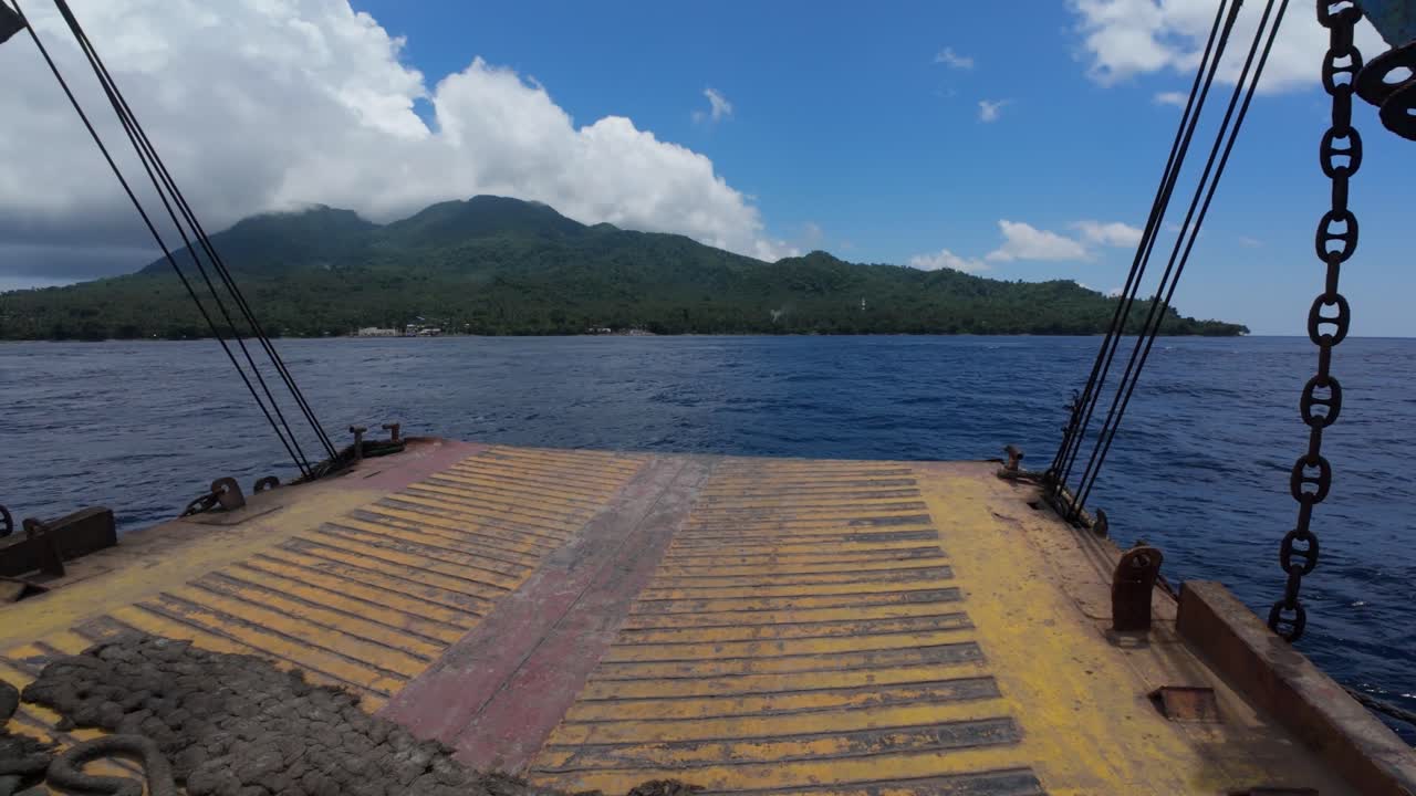 Front point of view of a ferry barge docking at San Ricardo arriving on Panaon Island, Philippines