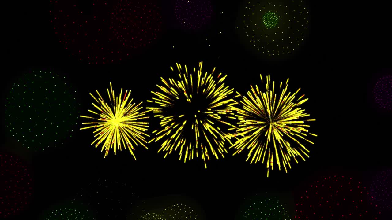 Animation of shapes and fireworks on black backrgound