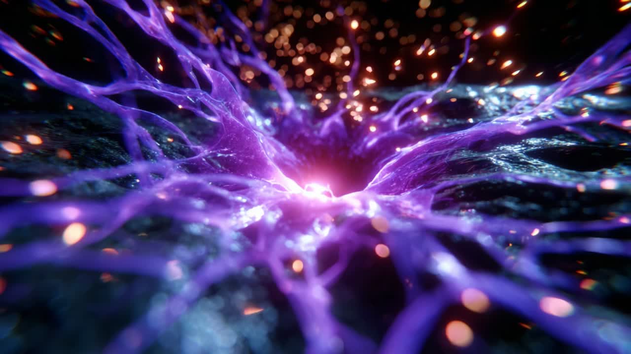 A mesmerizing journey into a vibrant, pulsating cosmos of purple tendrils and glowing particles, showcasing the intricate beauty of interconnected energy fields and the mysteries of the universe unfolding vividly