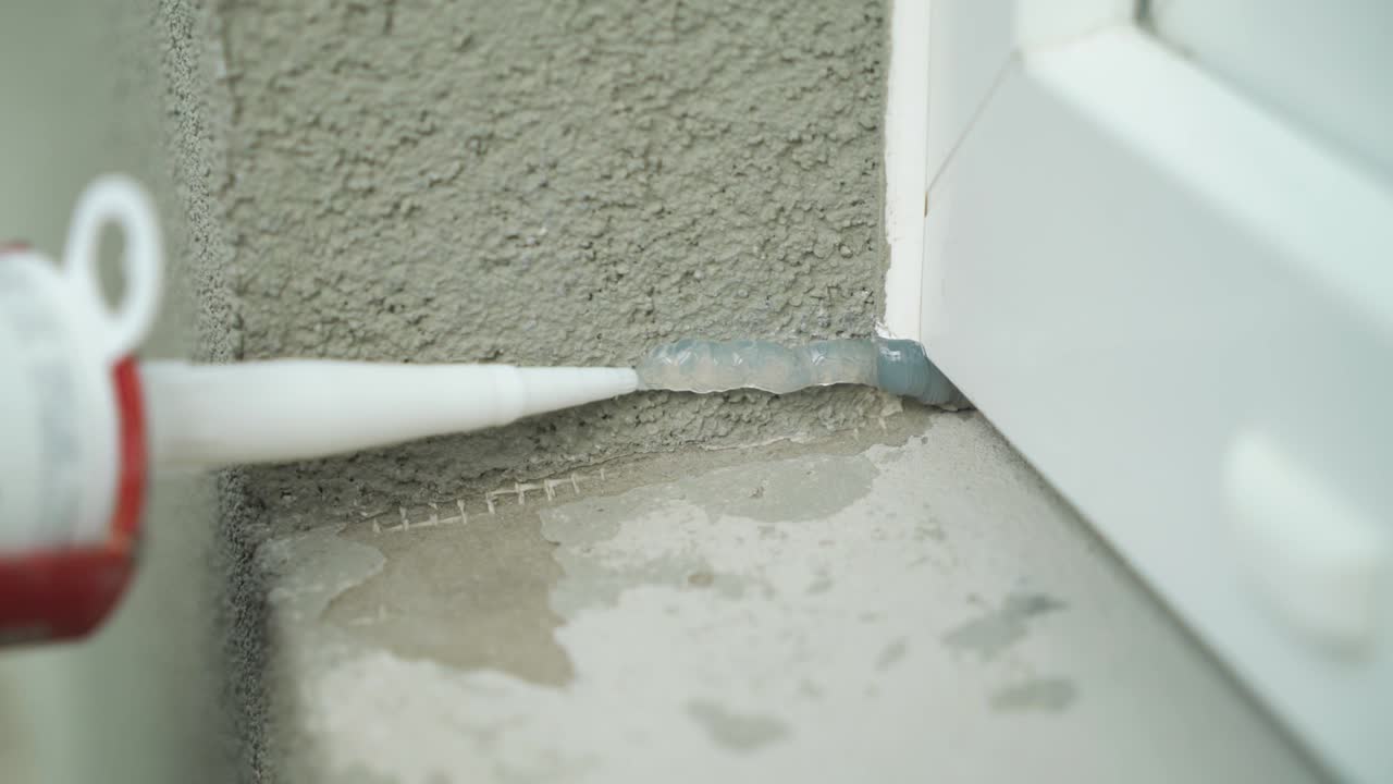 Closeup construction work applying silicone sealing with caulking gun for moisture protection