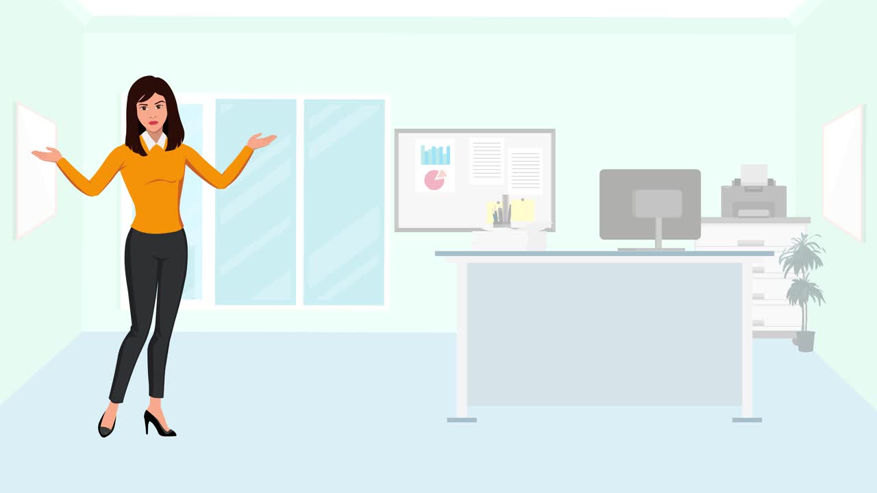 A Smart Casual Dressed Business Lady, Marketer, Trainer or Team Leader Infographic Animation Giving Gestures and Moving Lips in an Official Workspace