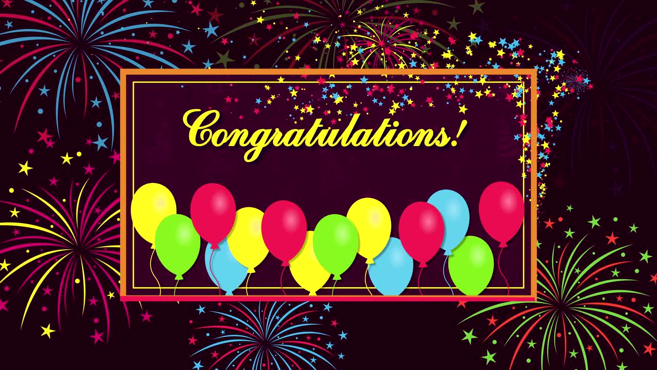 Congratulations with fireworks and balloons