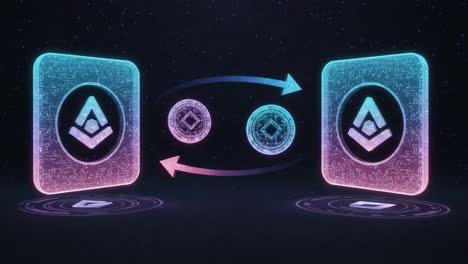a futuristic representation of digital currency exchange with glowing icons and interactive elements in a cosmic setting