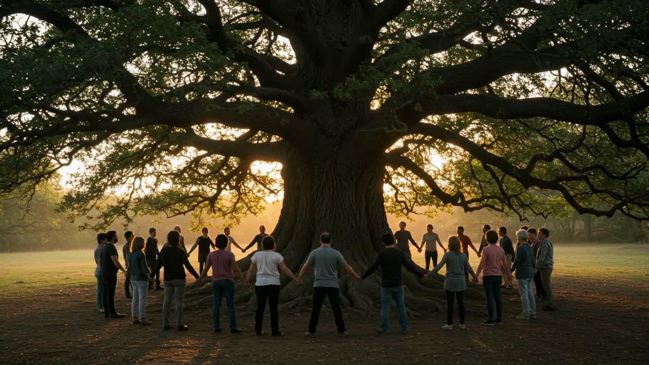 Sundown gathering around a massive oak tree with participants holding hands in a peaceful atmosphere