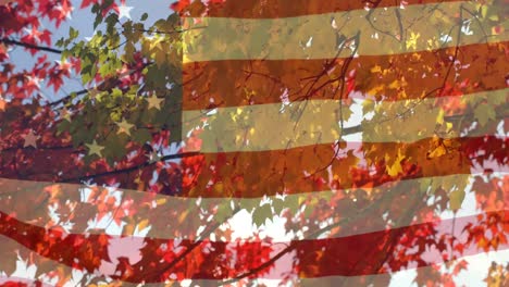 Animation-of-trees-and-leaves-over-flag-of-usa