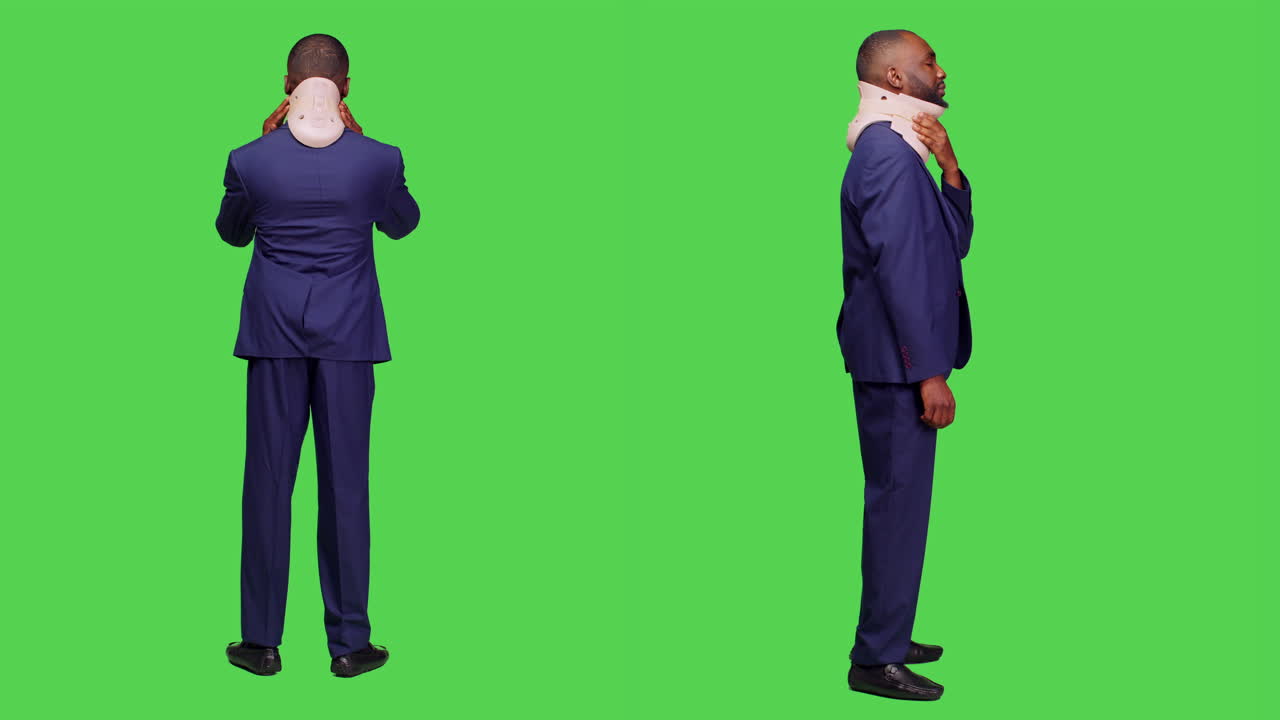 Man in Suit Wearing Neck Brace on Green Screen