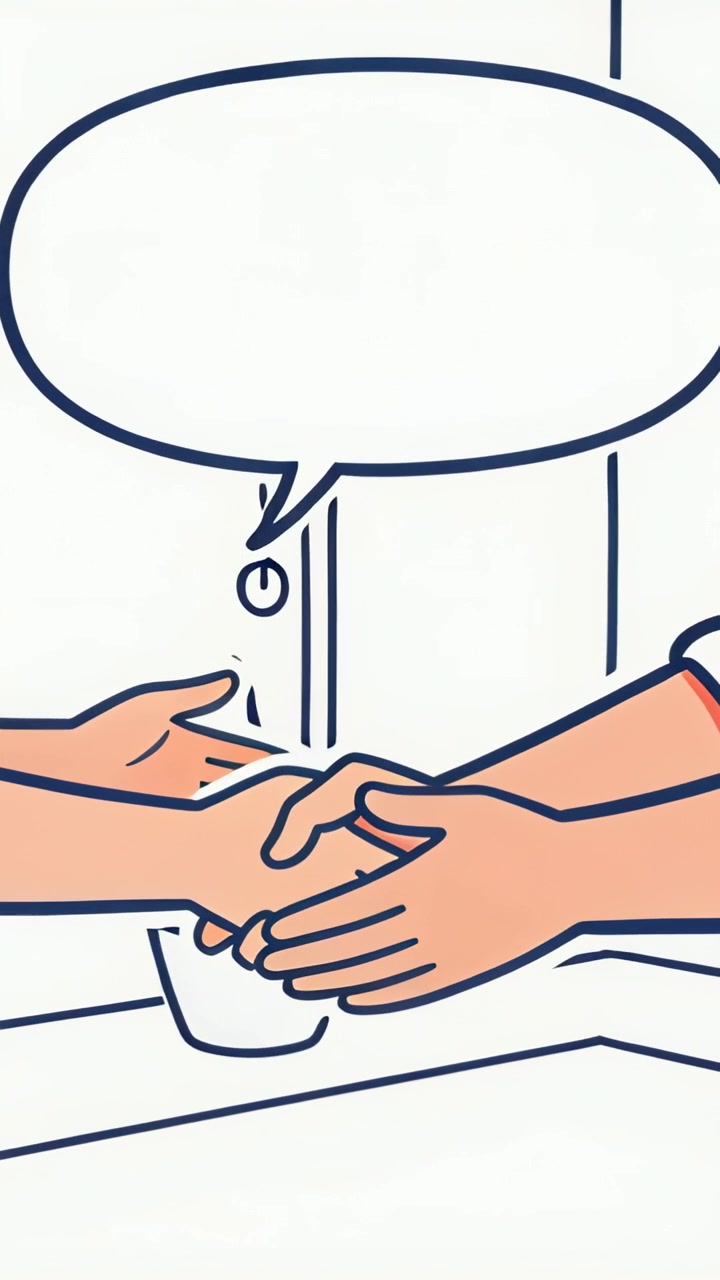 Video verticale: Donna e uomo sorridenti che si porgono le mani, salutandosi al lavandino sotto una bolla vicino a un cavo.