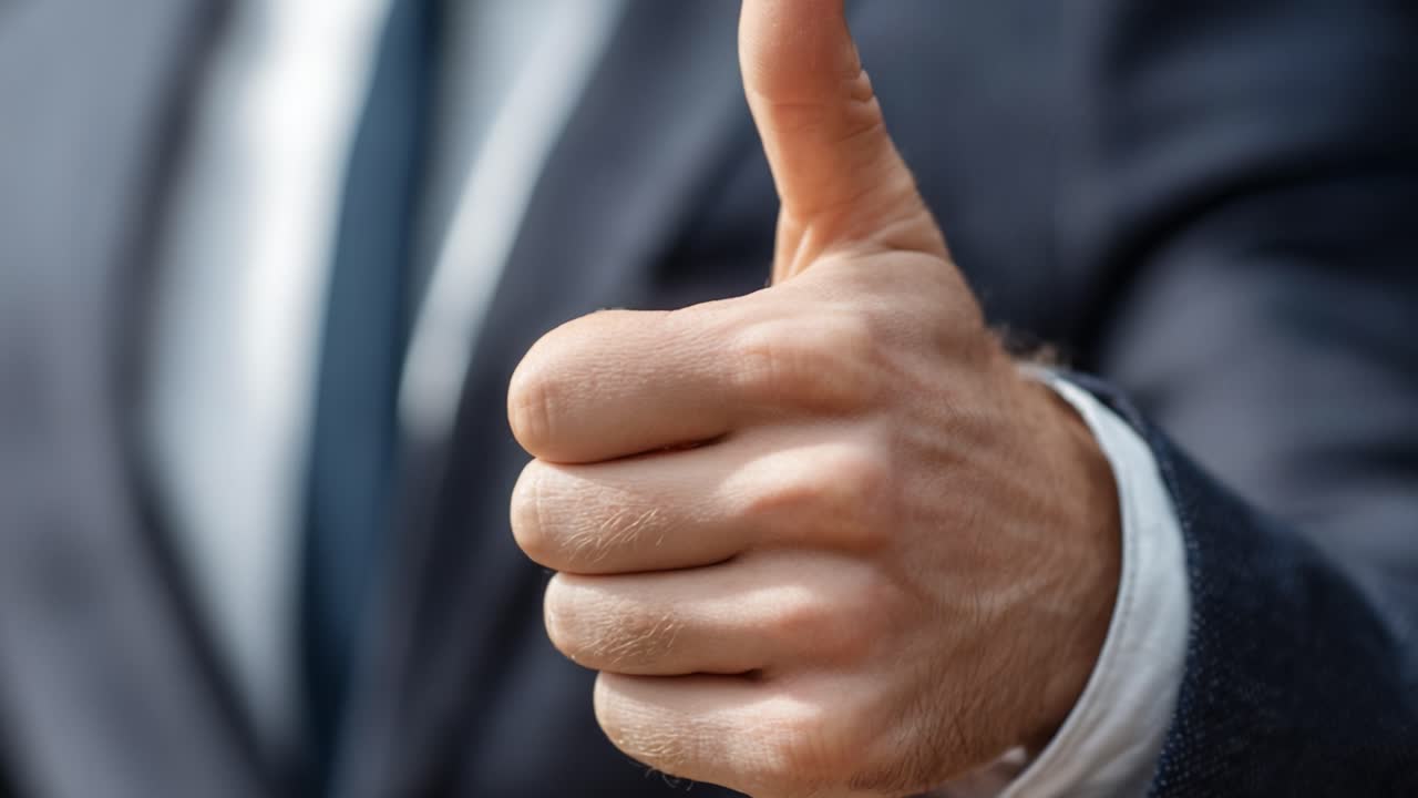 A Confident Gesture of Approval: A Close-Up of a Hand Giving a Thumbs Up in Business Attire, Symbolizing Positivity and Success in Professional Settings