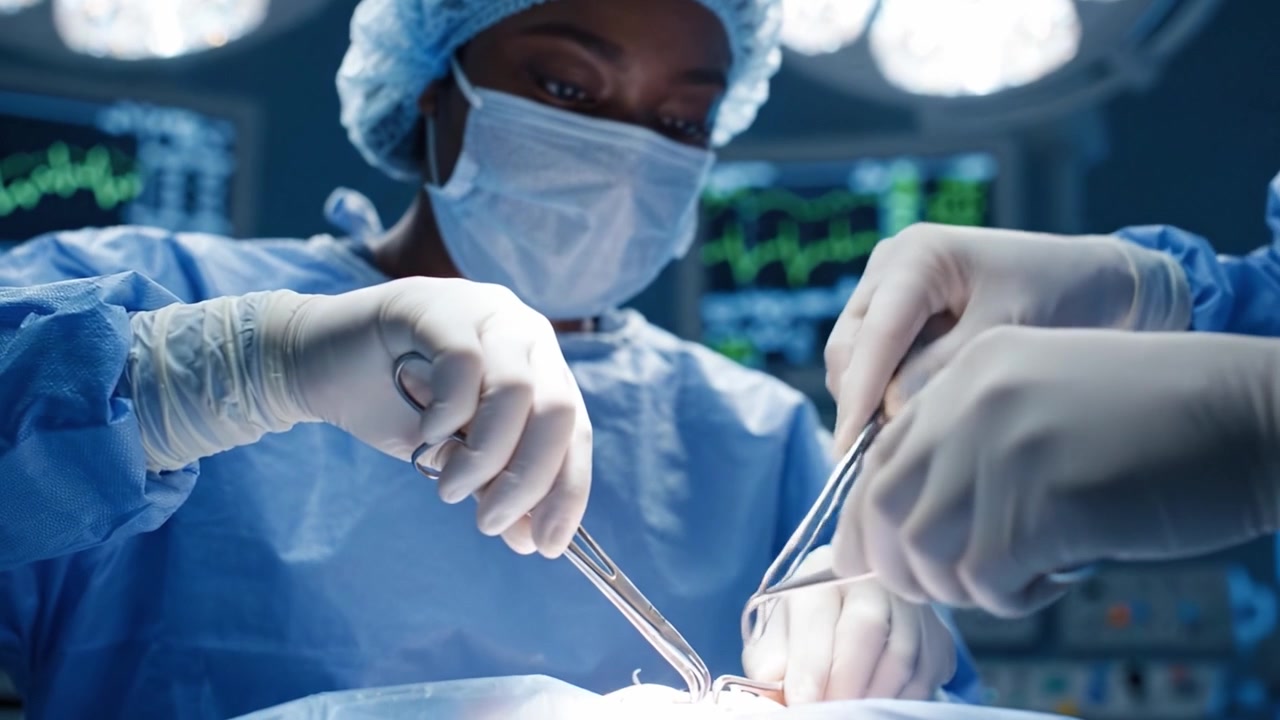 Un chirurgo dedicato che esegue un'operazione delicata in una moderna sala operatoria, circondato da attrezzature mediche avanzate e monitor che mostrano i segni vitali.