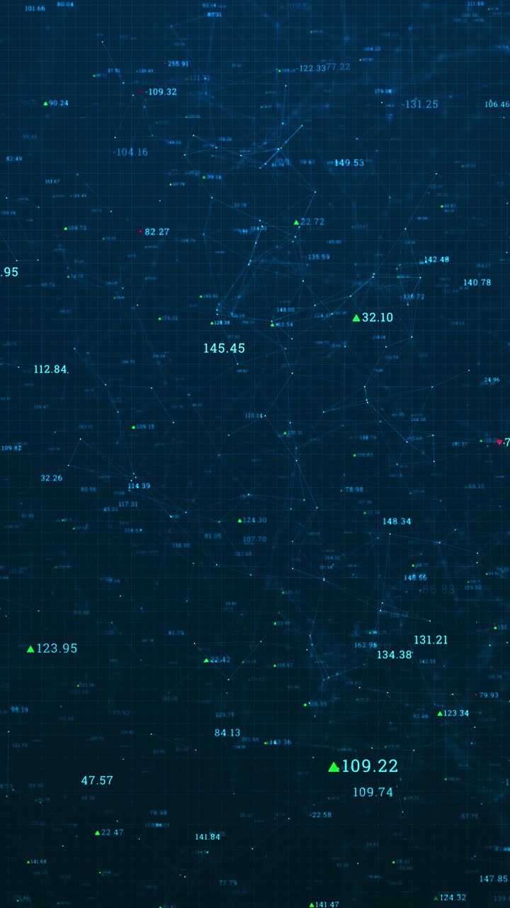 Vertical animation interconnected lines nodes forming digital plexus grid overlaid by binary coding