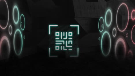 animación de código qr parpadeante y círculos sobre estructura abstracta de piedra en el fondo.