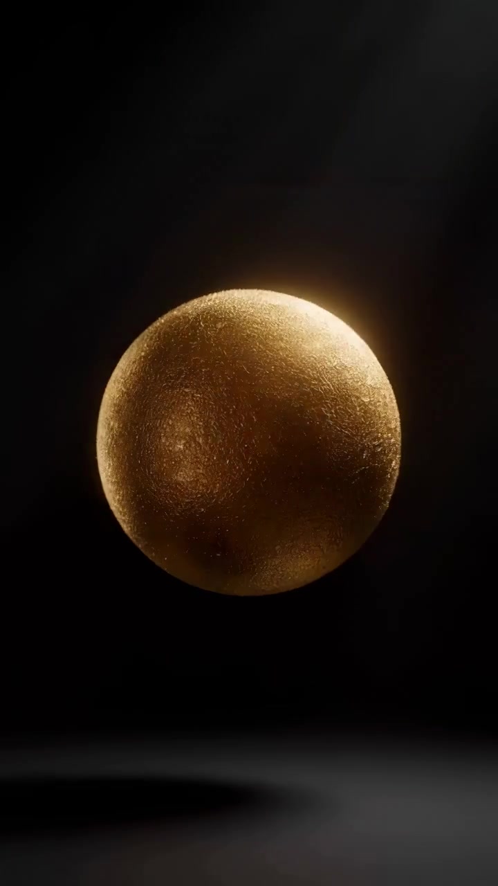 Golden geometric object breaks apart into suspended particles before forming smooth spherical shape against dark background with soft lighting, reflective texture, and centered composition.