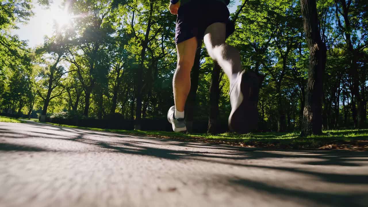 Low-angle video shot of a person jogging on a sunlit forest path, capturing dynamic movement