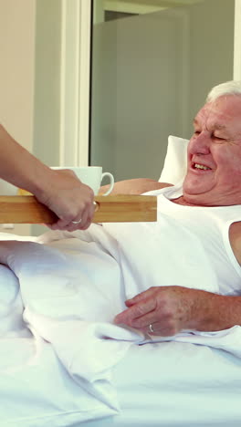 nurse giving tray with breakfast at senior man