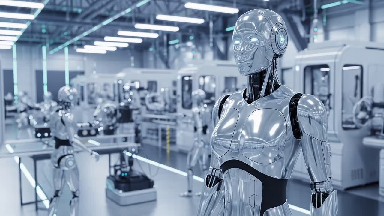 High-Tech Robotic Facility: A Glimpse into an Advanced Manufacturing Environment with Sleek, Futuristic Robots Working in Harmony Among High-Tech Machinery