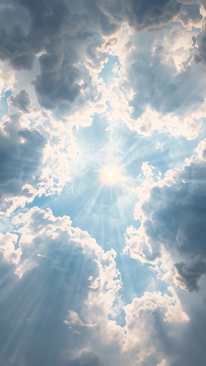 Vertical video: Streaming rays, ring of cumulus clouds and sun shifting in blue sky as gaps widen