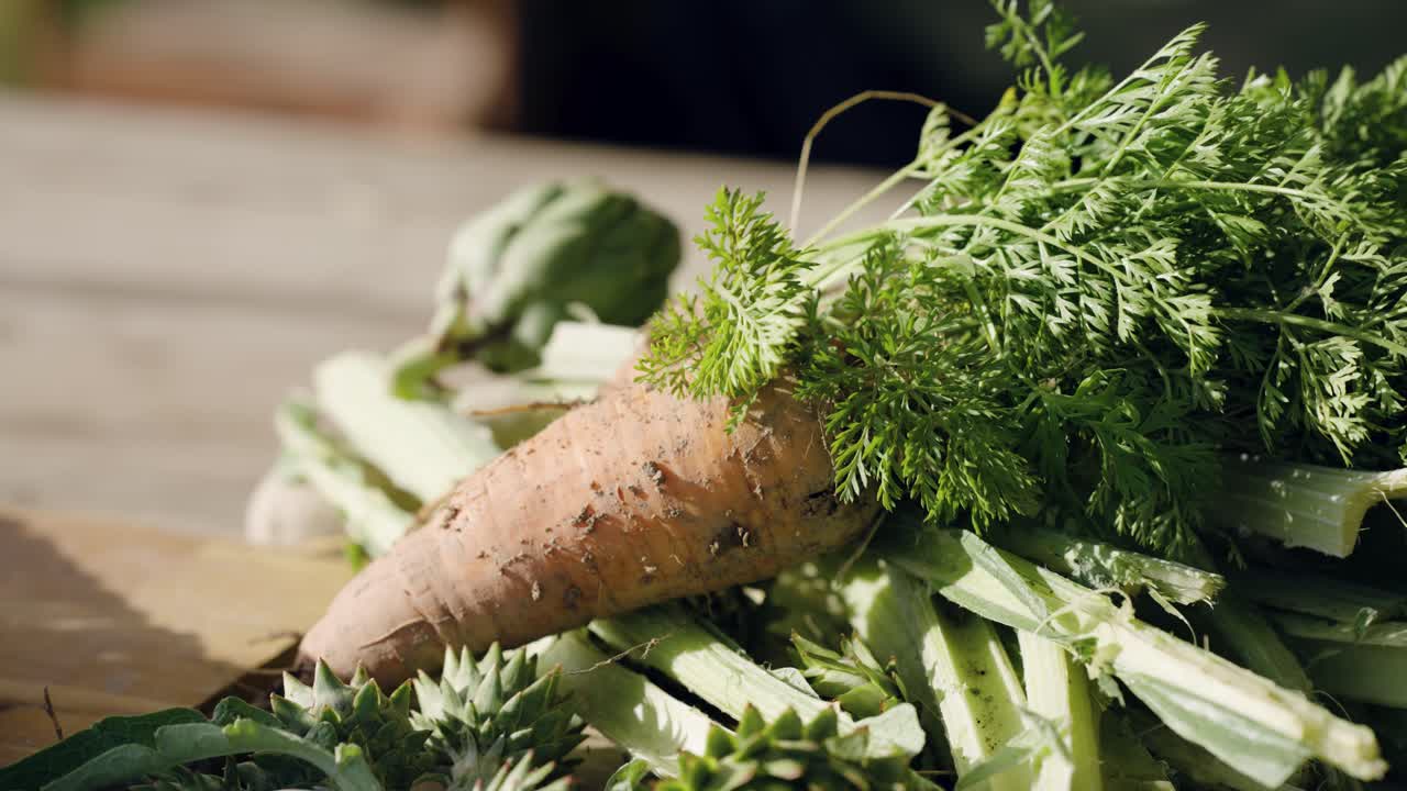 Freshly harvested organic carrot and artichoke scraps on wooden surface