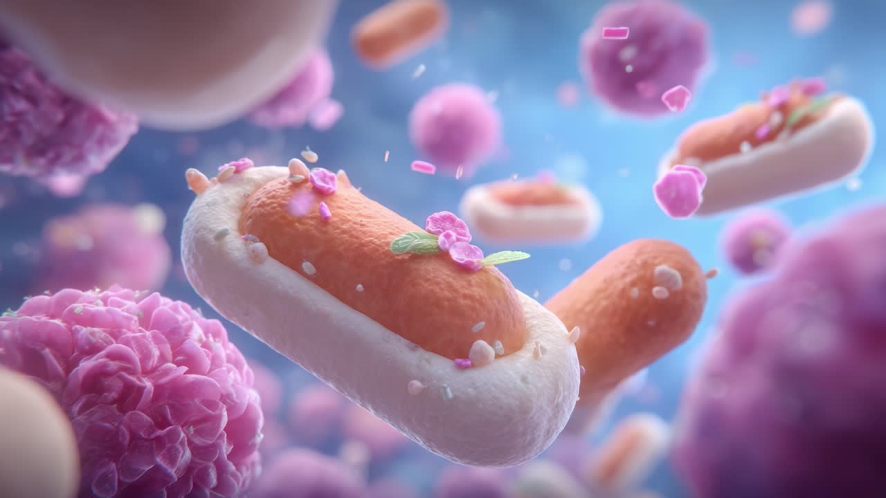 Uma Deslumbrante Exploração Microcósmica de Células Vibrantes e Microrganismos, Capturando as Complexidades da Vida Celular em um Ambiente Digital Ricamente Colorido