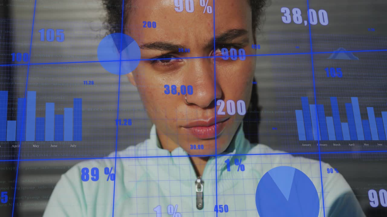 Woman standing before metal shutter activating blue overlay animating charts for business tracking