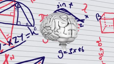 spinning brain against mathematical equations and diagrams on white lined paper