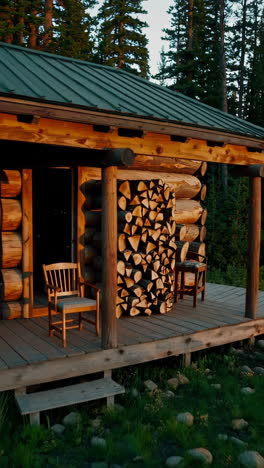 stacked firewood beside a rustic log cabin on a wooden deck