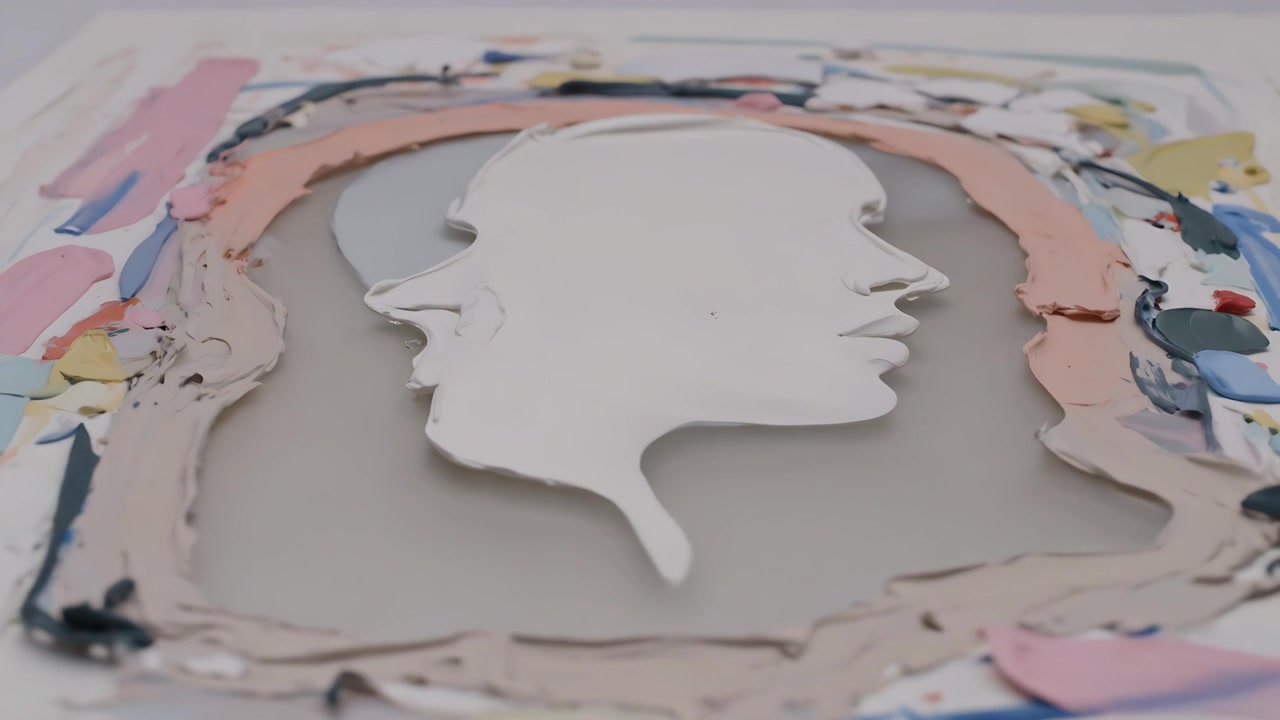 Panning camera starting low on white surface, revealing white silhouette and pastel impasto frame