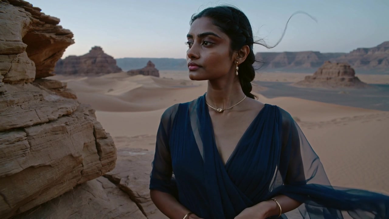 Donna indiana in piedi che sistema un abito trasparente blu navy su una sporgenza di arenaria al tramonto, con la brezza che solleva il dupatta.