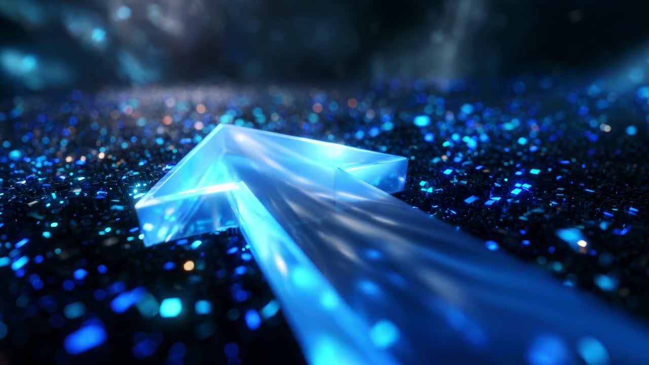 A Glimmering Blue Arrow Pointing Forward Amidst a Sparkling Galaxy of Glittering Particles, Signifying Progress, Direction, and Future Potential in a Futuristic Digital Landscape