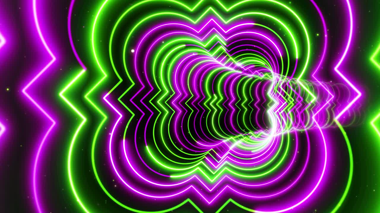 Abstract Artistic Rotating Green Purple Fancy Quatrefoil Lines Neon Light Curved Tunnel With Blinking Glitter Dust Background 3d Rendering