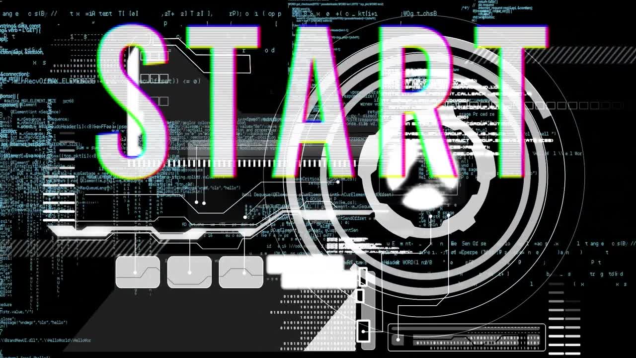 Animation of text start, with rotating safe lock, interface and data processing, on black