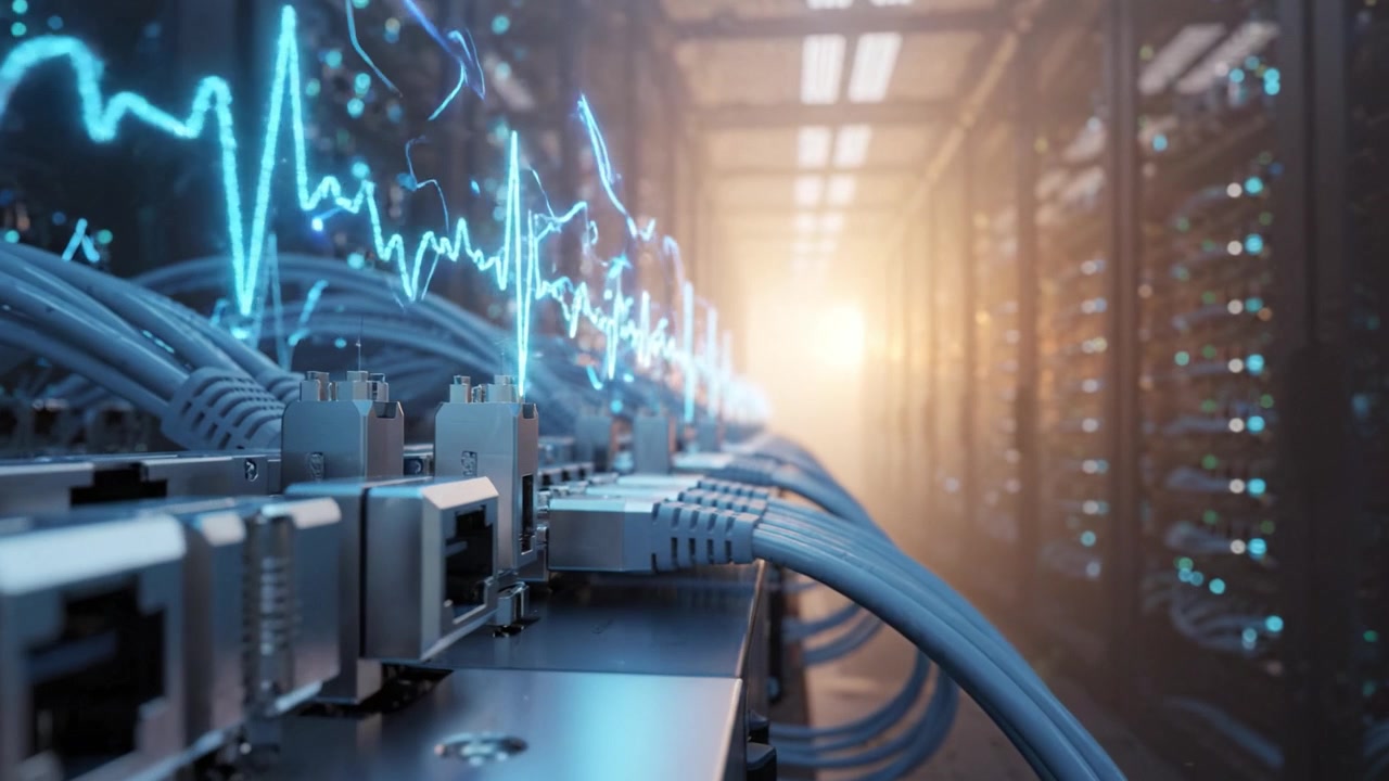 Advanced Technology Infrastructure in a Data Center with Optical Cables and High-Speed Networking Equipment Visualizing Data Flow through Waveforms