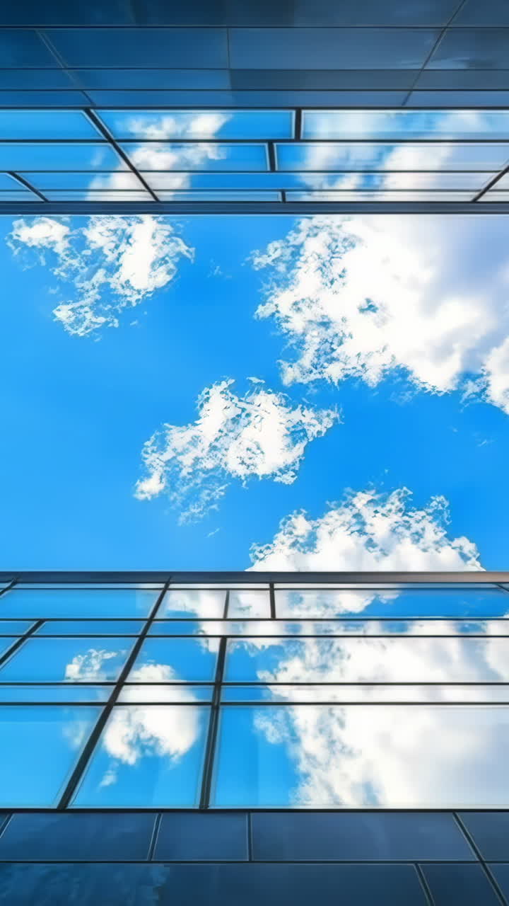 Clouds reflected in glass. Looking up at reflective glass buildings showcasing blue sky and white clouds, creating a serene urban atmosphere.