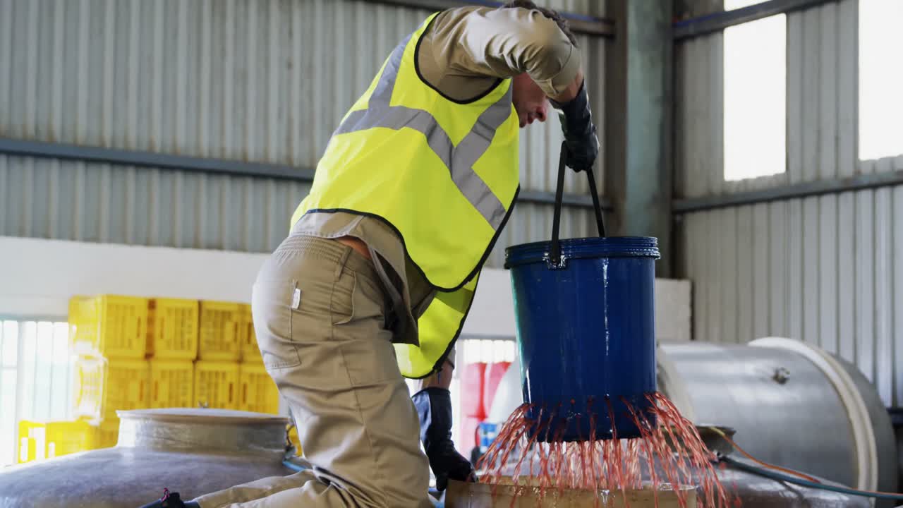 trabajador filtrando aceite de oliva