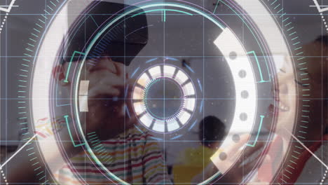 Light trails over neon scope scanner against caucasian boy wearing vr headset at school