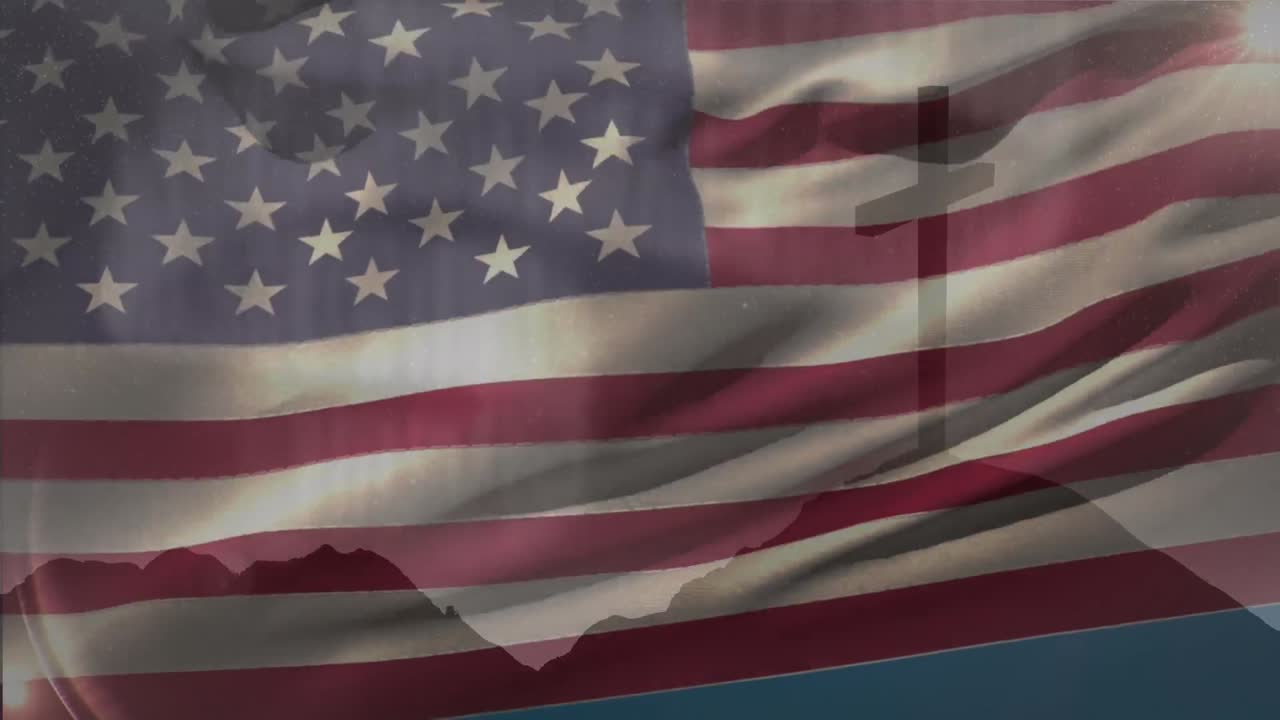 animación de la cruz cristiana y la bandera de los estados unidos de américa.