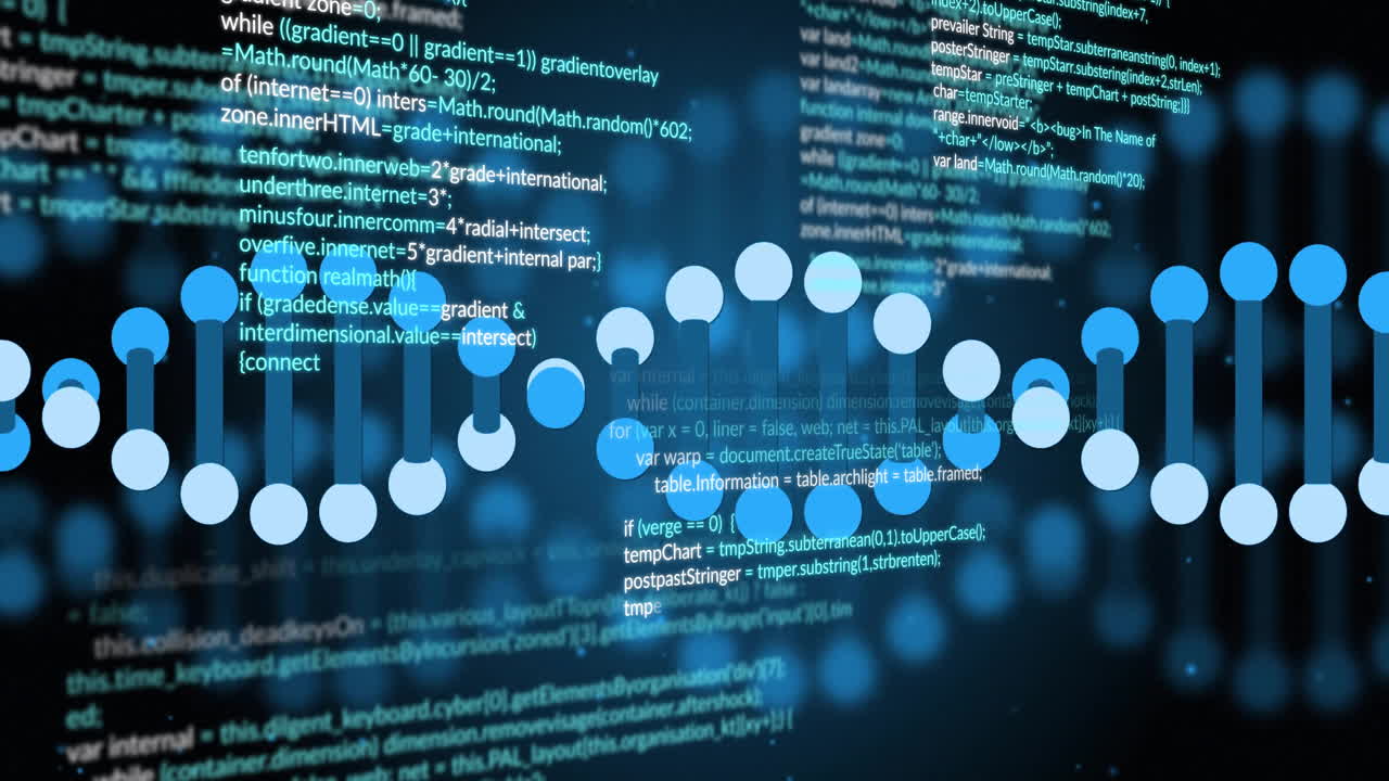 Scientific data processing animation with DNA strand and binary coding elements
