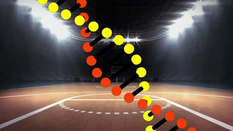animación de una cadena de adn giratoria sobre un estadio de baloncesto