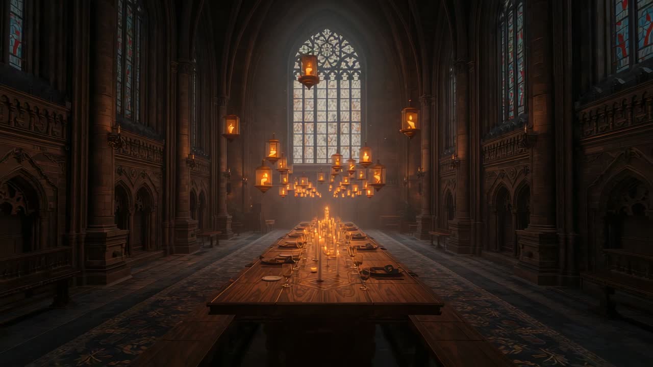 Pulling back camera revealing Gothic hall framing long wooden dining table, with trembling candles