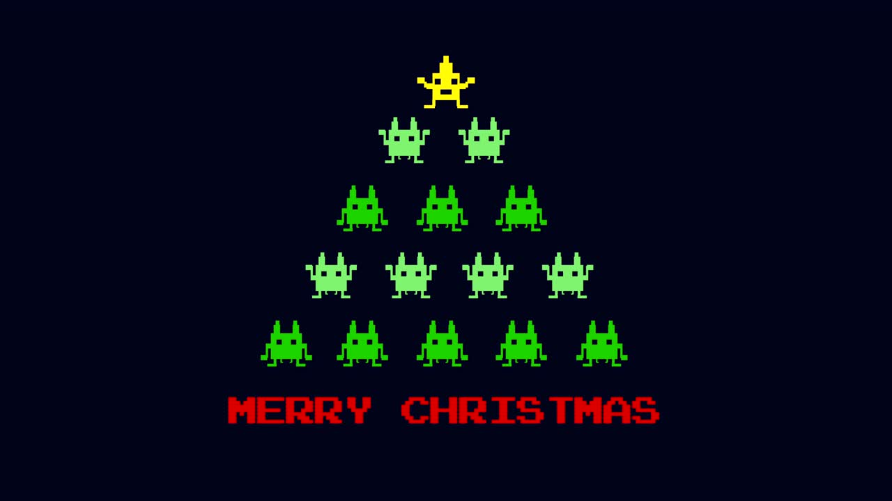 '메리 크리스마스'와 '스타와 크리스마스 장식'이 있는 디지털 크리스마스 트리의 애니메이션