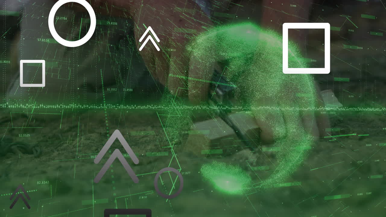 man kneeling on grassy field, interacting with holographic technology globe, grid lines, data icons