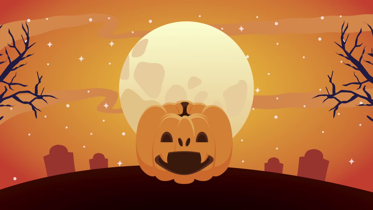 feliz animación de halloween con calabaza en el cementerio