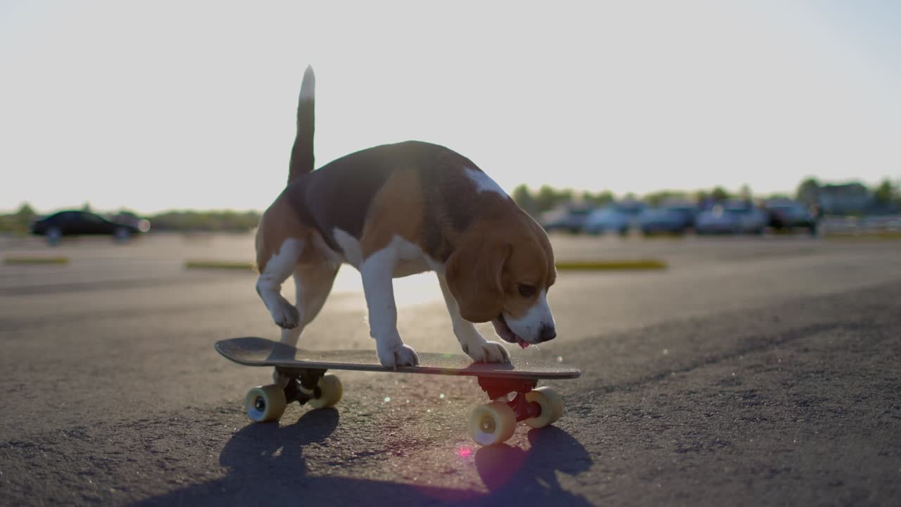 Un cane Beagle va in skateboard all'aperto. L'animale domestico impara ad andare in skateboard nel parco. Movimento lento