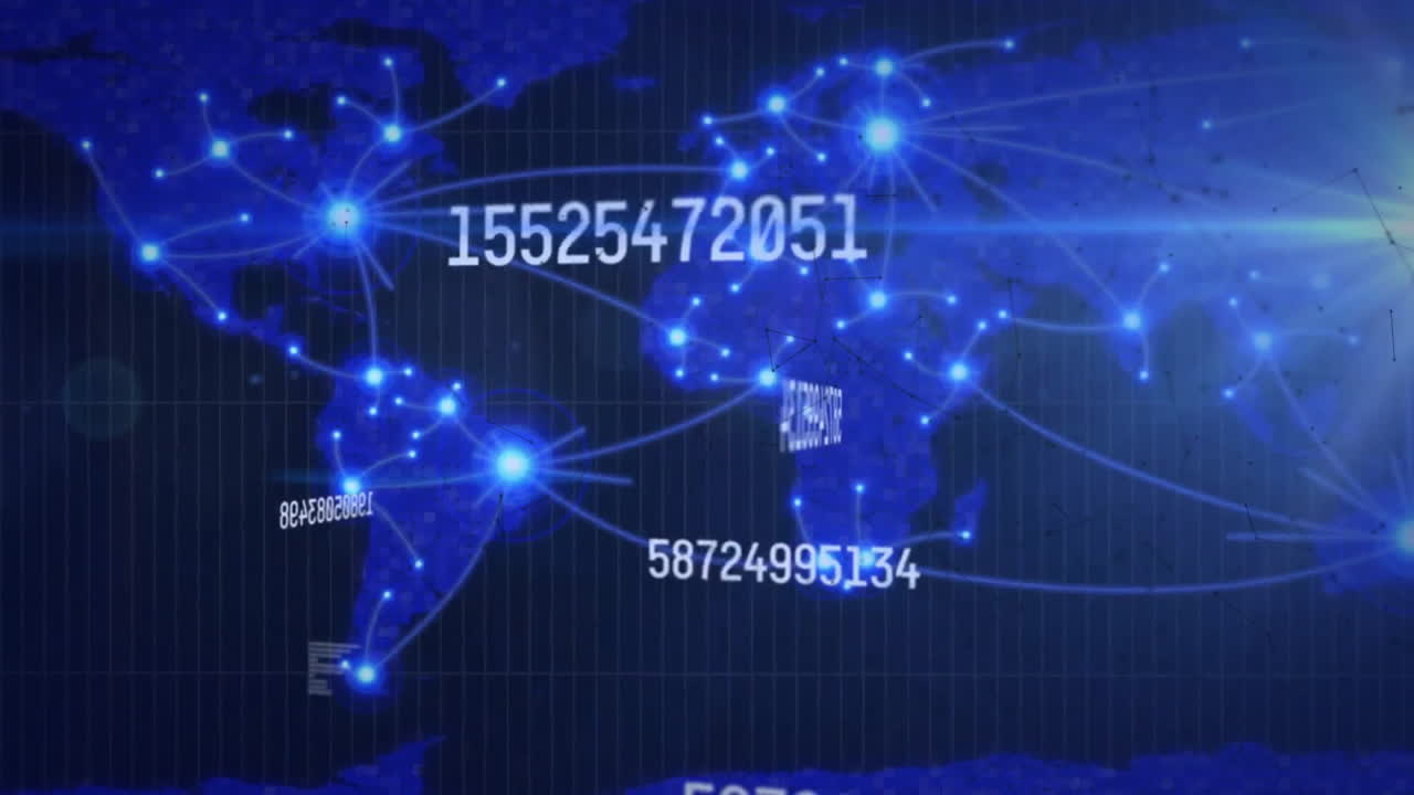 Animation of data processing over world map with network of connections on black background