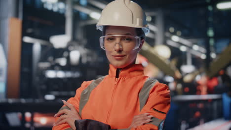 portrait professional engineer crossing hands posing at innovation factory.